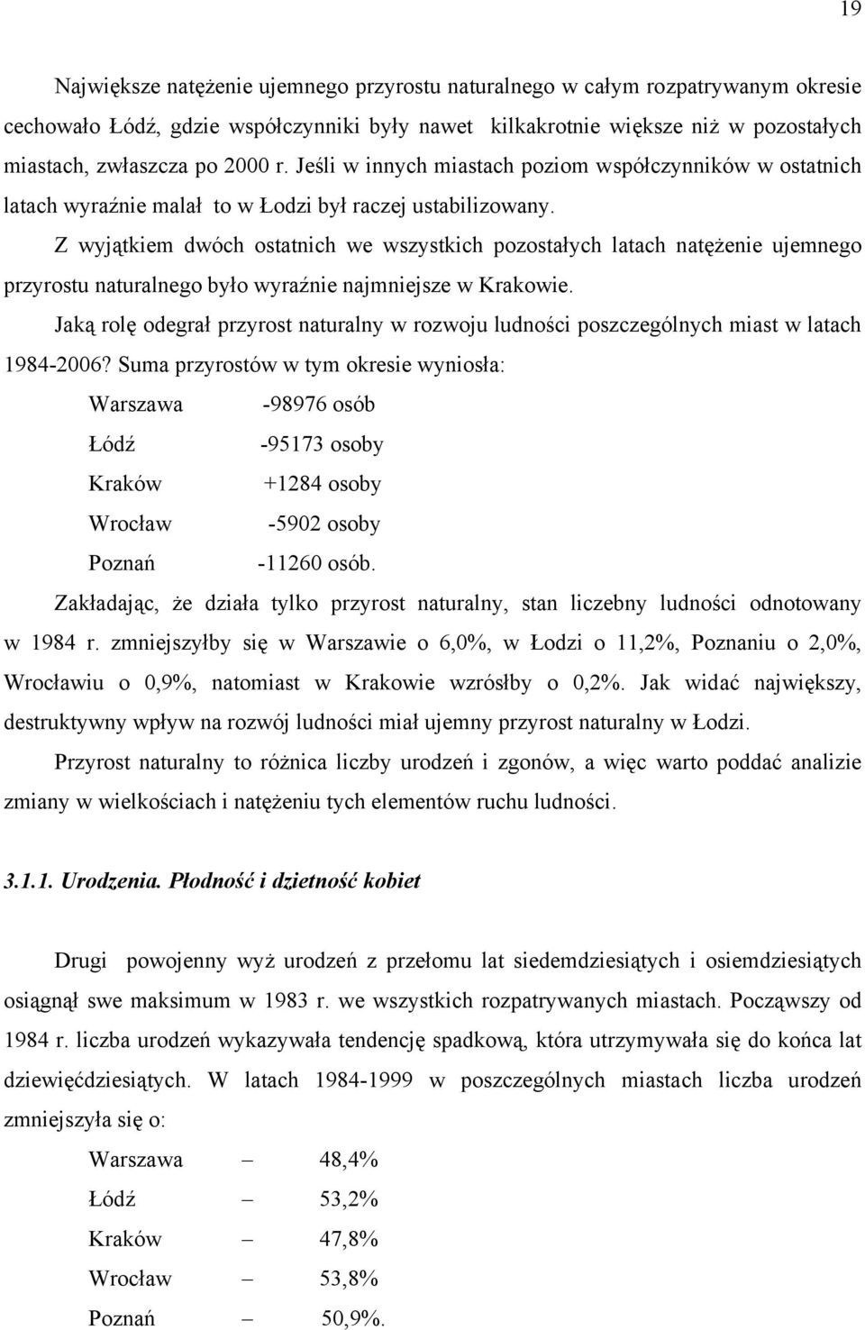 Z wyjątkiem dwóch ostatnich we wszystkich pozostałych latach natężenie ujemnego przyrostu naturalnego było wyraźnie najmniejsze w Krakowie.