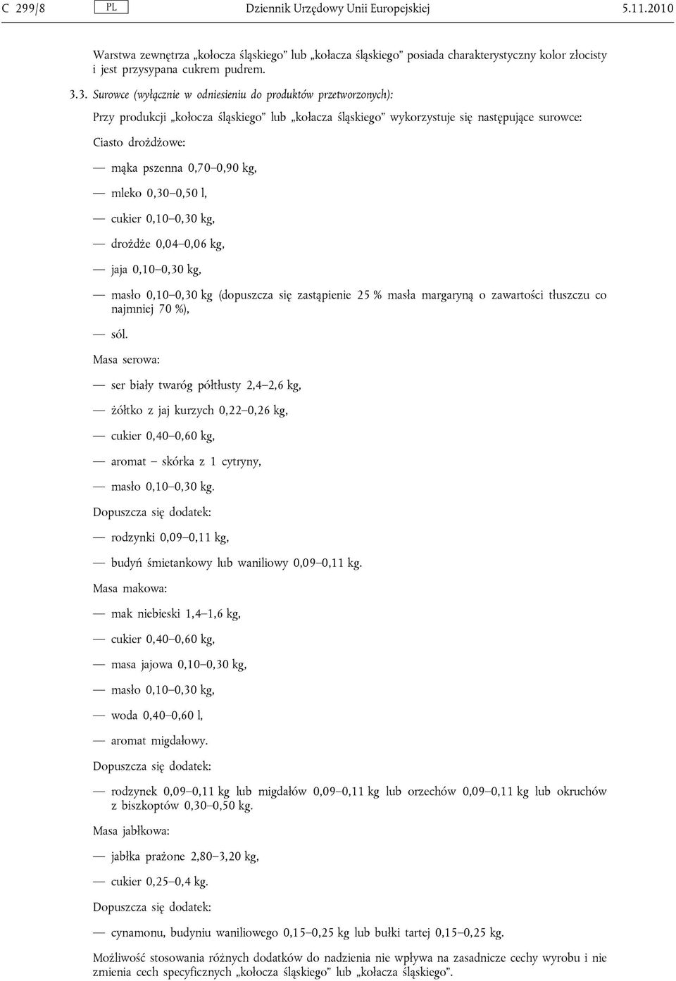 kg, mleko 0,30 0,50 l, cukier 0,10 0,30 kg, drożdże 0,04 0,06 kg, jaja 0,10 0,30 kg, masło 0,10 0,30 kg (dopuszcza się zastąpienie 25 % masła margaryną o zawartości tłuszczu co najmniej 70 %), sól.