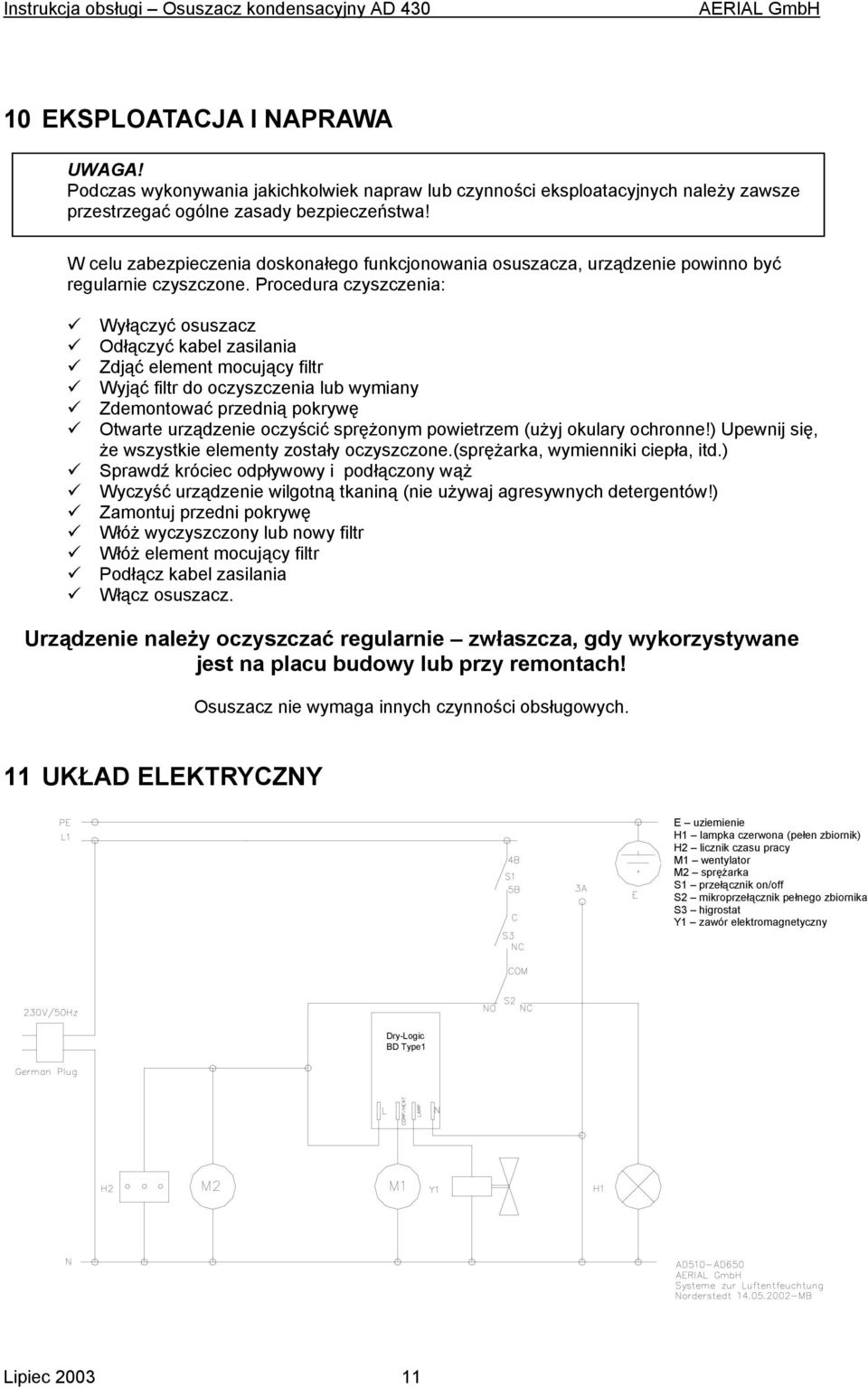 Procedura czyszczenia: Wyłączyć osuszacz Odłączyć kabel zasilania Zdjąć element mocujący filtr Wyjąć filtr do oczyszczenia lub wymiany Zdemontować przednią pokrywę Otwarte urządzenie oczyścić