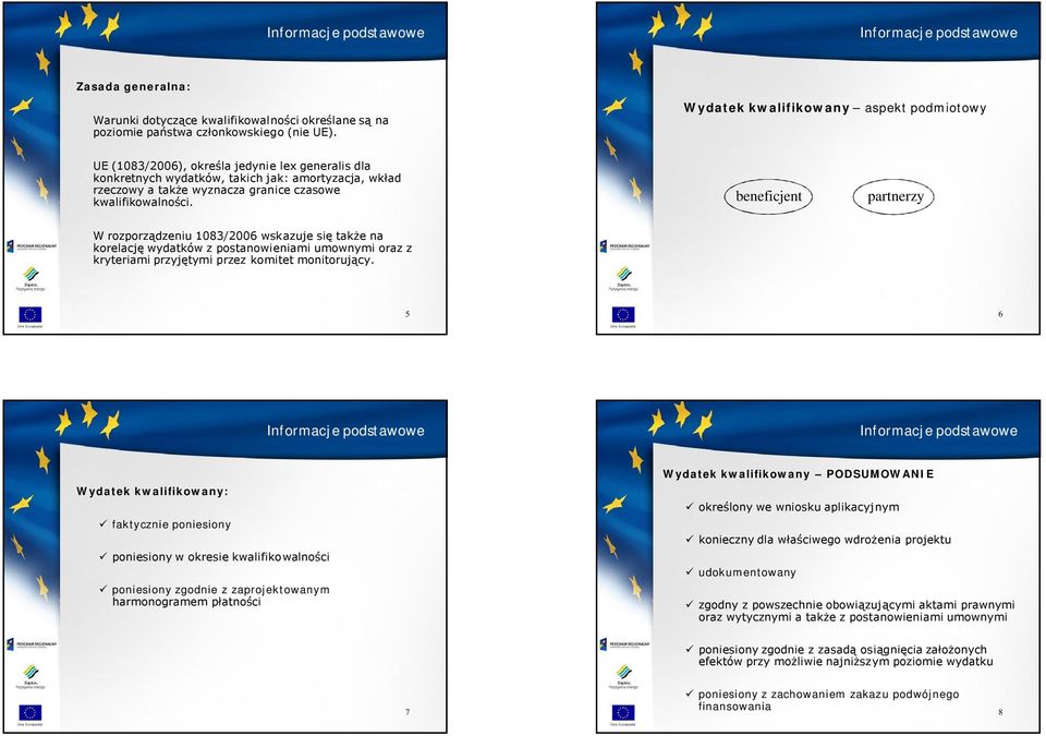 kwalifikowalności. beneficjent partnerzy W rozporządzeniu 1083/2006 wskazuje się także na korelację wydatków z postanowieniami umownymi oraz z kryteriami przyjętymi przez komitet monitorujący.