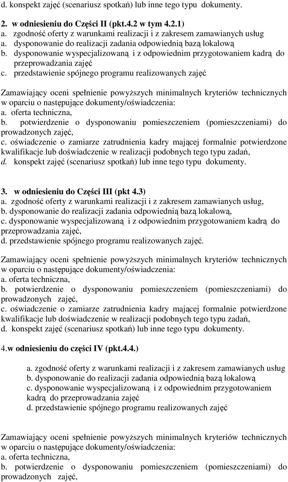 przedstawienie spójnego programu realizowanych zajęć c. oświadczenie o zamiarze zatrudnienia kadry mającej formalnie potwierdzone d. konspekt zajęć (scenariusz spotkań) lub inne tego typu dokumenty.