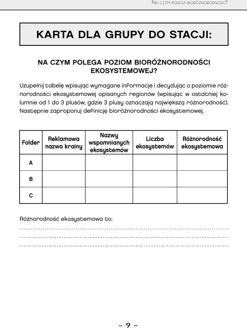 (wpisując w ostatniej kolumnie od 1 do 3 plusów, gdzie 3 plusy oznaczają największą różnorodność).