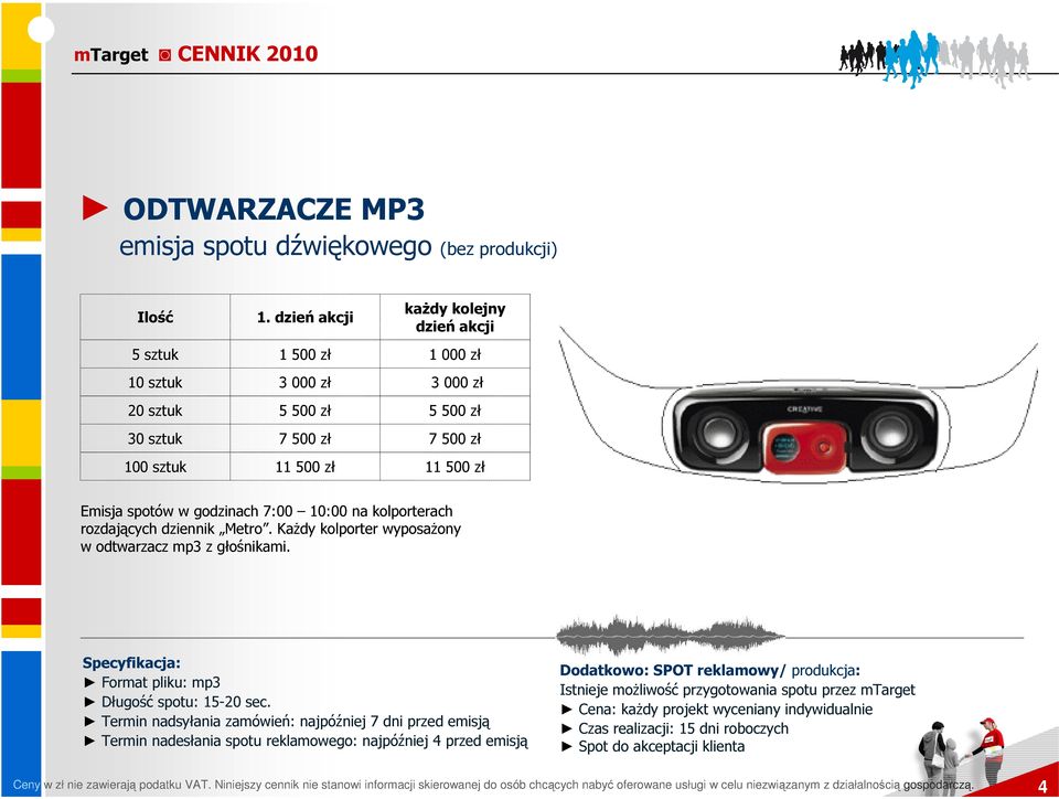 rozdających dziennik Metro. KaŜdy kolporter wyposaŝony w odtwarzacz mp3 z głośnikami. Format pliku: mp3 Długość spotu: 15-20 sec.