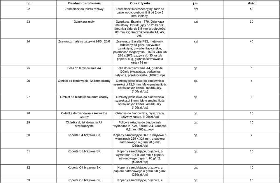 Zszywanie zamknięte, otwarte i tapicerskie, pojemność magazynka - 150 x 24/6 lub 210 x 26/6, zszywa do 30 kartek papieru 80g, głębokość wsuwania kartek 98 mm 25 Folia do laminowania A4 Folia do