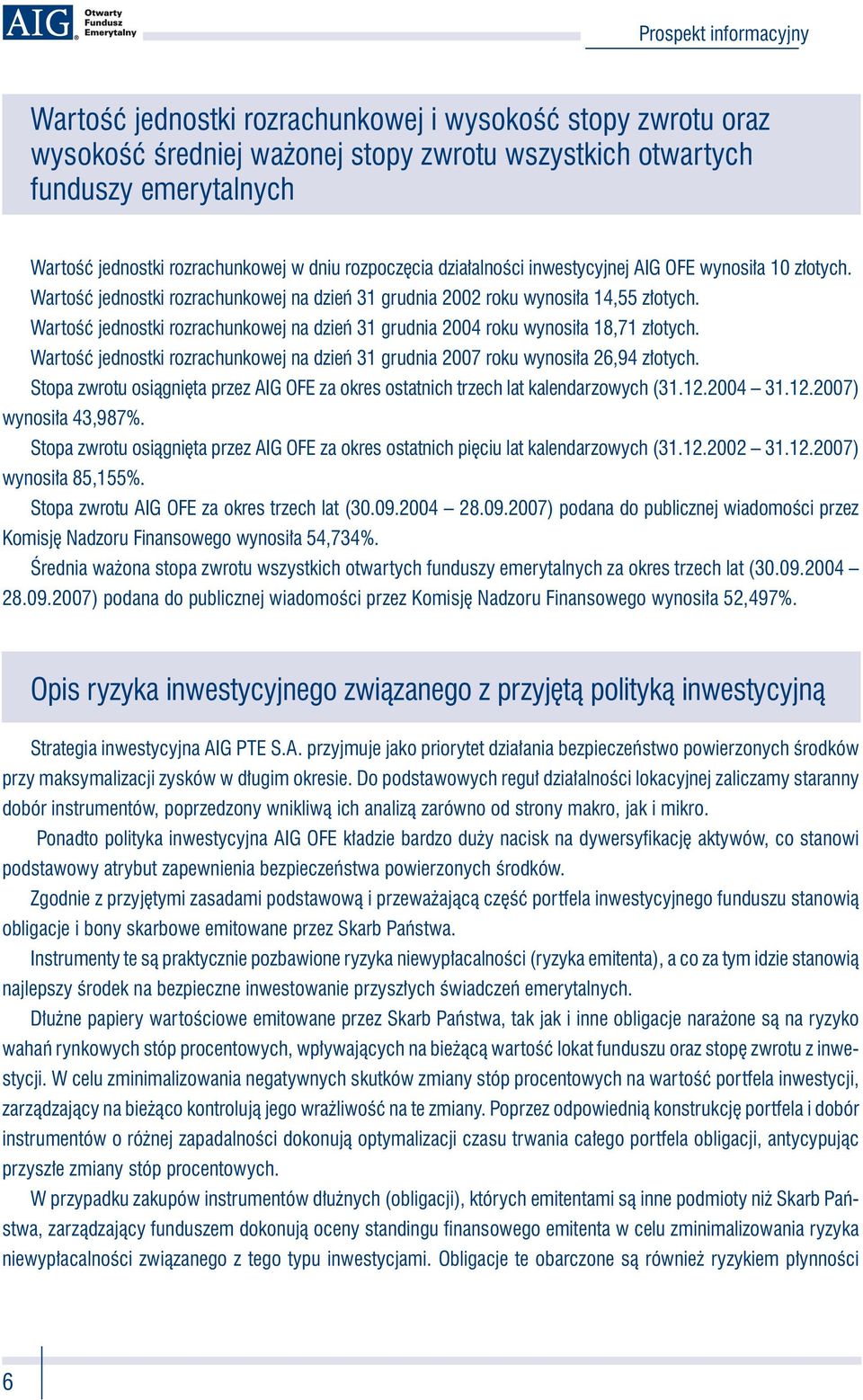 Wartość jednostki rozrachunkowej na dzień 31 grudnia 2004 roku wynosiła 18,71 złotych. Wartość jednostki rozrachunkowej na dzień 31 grudnia 2007 roku wynosiła 26,94 złotych.