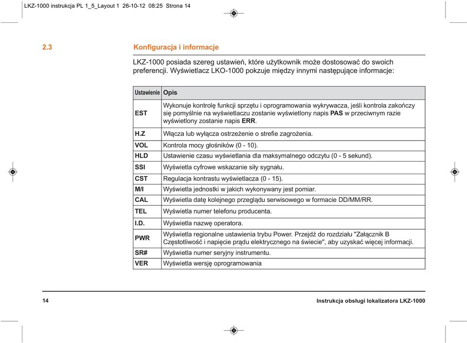 wyświetlaczu zostanie wyświetlony napis PAS w przeciwnym razie wyświetlony zostanie napis ERR. H.Z Włącza lub wyłącza ostrzeżenie o strefie zagrożenia. VOL Kontrola mocy głośników (0-10).