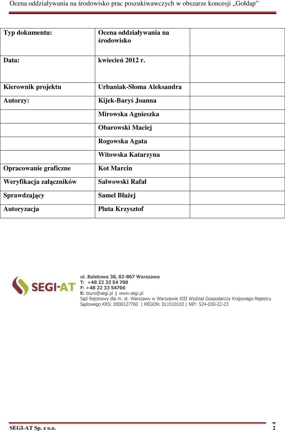 Opracowanie graficzne Weryfikacja załączników Sprawdzający Autoryzacja Kot Marcin Salwowski Rafał Samel Błażej Pluta Krzysztof ul.