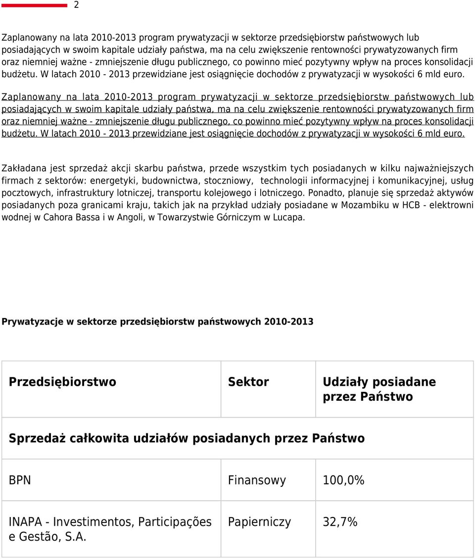 W latach 2010-2013 przewidziane jest osiągnięcie dochodów z prywatyzacji w wysokości 6 mld euro.