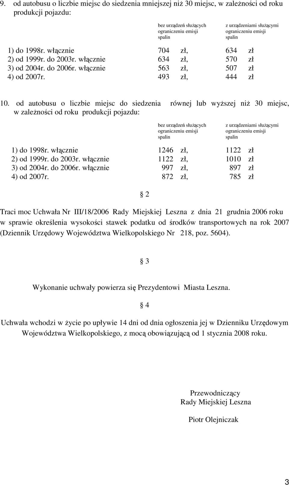 od autobusu o liczbie miejsc do siedzenia równej lub wyŝszej niŝ 30 miejsc, w zaleŝności od roku produkcji pojazdu: 1) do 1998r. włącznie 1246 zł, 1122 zł 2) od 1999r. do 2003r.