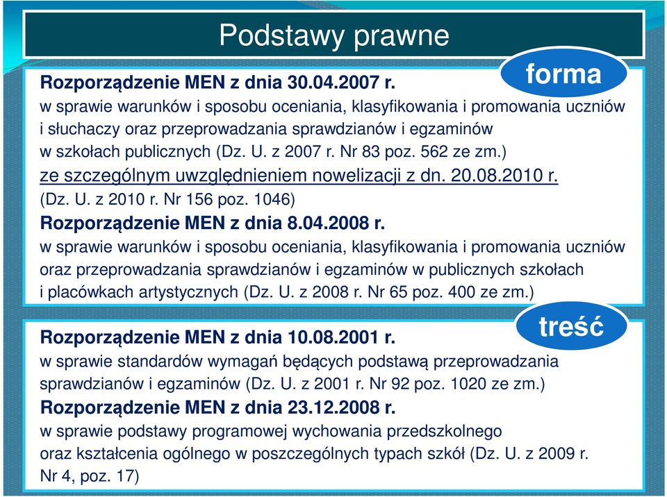 ) ze szczególnym uwzględnieniem nowelizacji z dn. 20.08.2010 r. (Dz. U. z 2010 r. Nr 156 poz. 1046) Rozporządzenie MEN z dnia 8.04.2008 r.