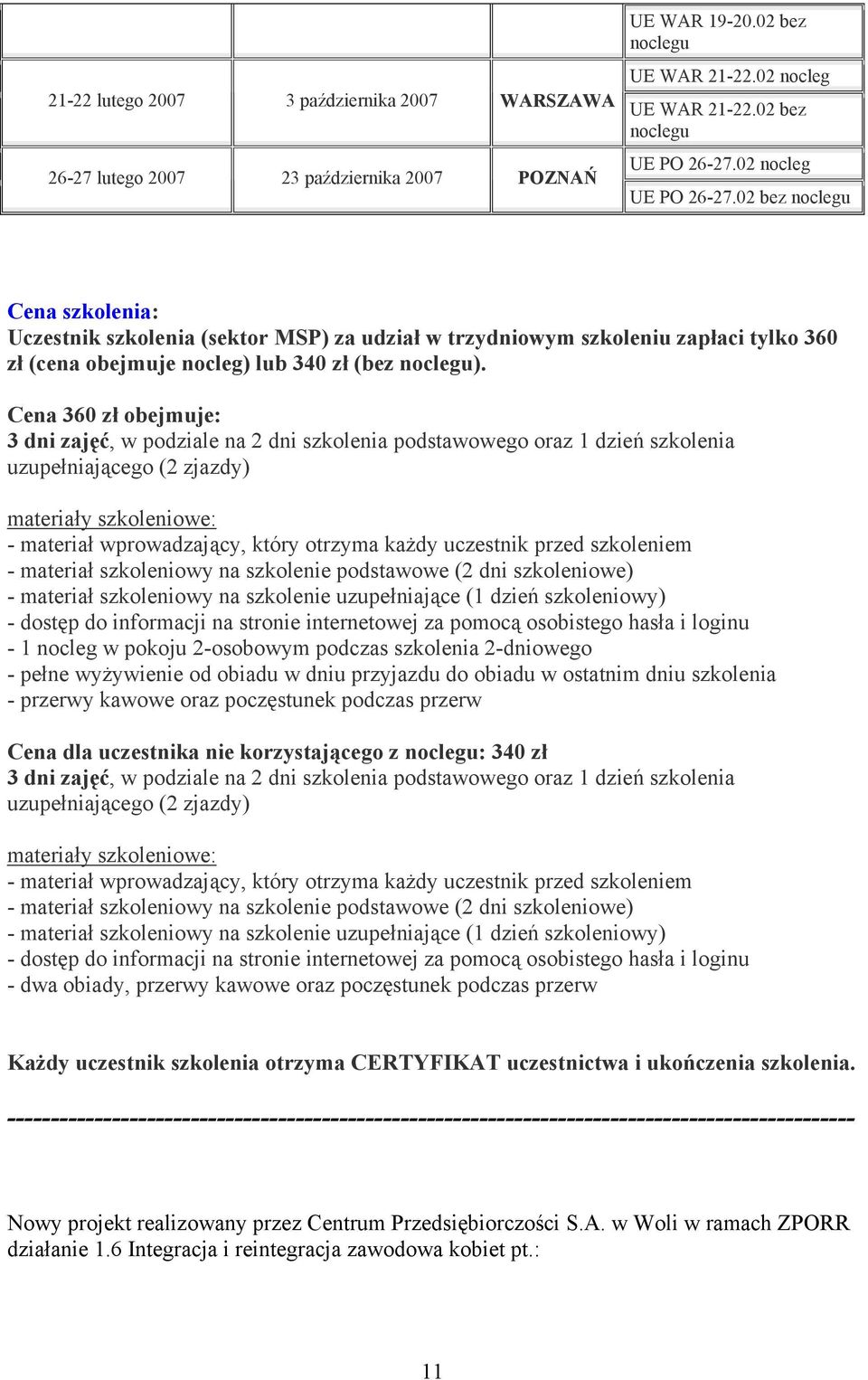 Cena 360 zł obejmuje: 3 dni zajęć, w podziale na 2 dni szkolenia podstawowego oraz 1 dzień szkolenia uzupełniającego (2 zjazdy) materiały szkoleniowe: - materiał wprowadzający, który otrzyma każdy