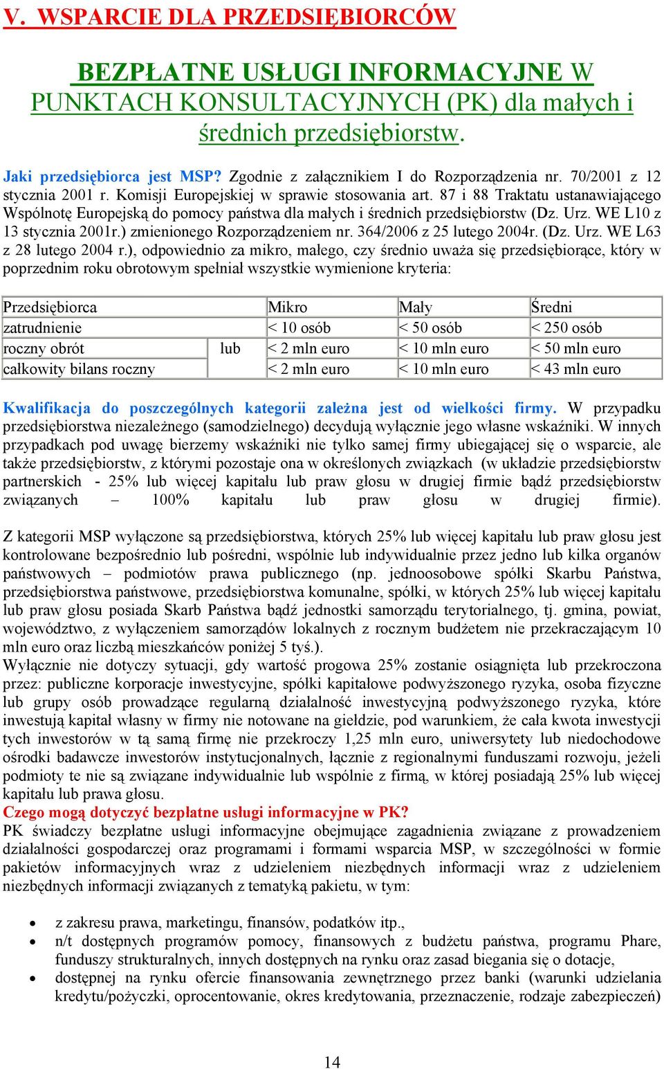 87 i 88 Traktatu ustanawiającego Wspólnotę Europejską do pomocy państwa dla małych i średnich przedsiębiorstw (Dz. Urz. WE L10 z 13 stycznia 2001r.) zmienionego Rozporządzeniem nr.