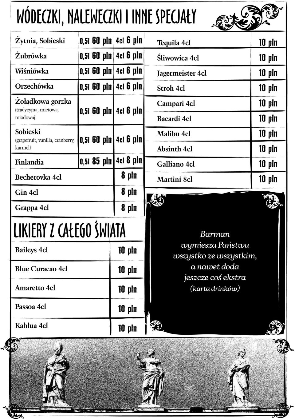 (grapefruit, vanilla, cranberry, karmel) Finlandia Becherovka 4cl 0,5l 60 pln 0,5l 85 pln 4cl 6 pln 4cl Malibu 4cl Absinth 4cl Galliano 4cl Martini 8cl Gin 4cl Grappa 4cl