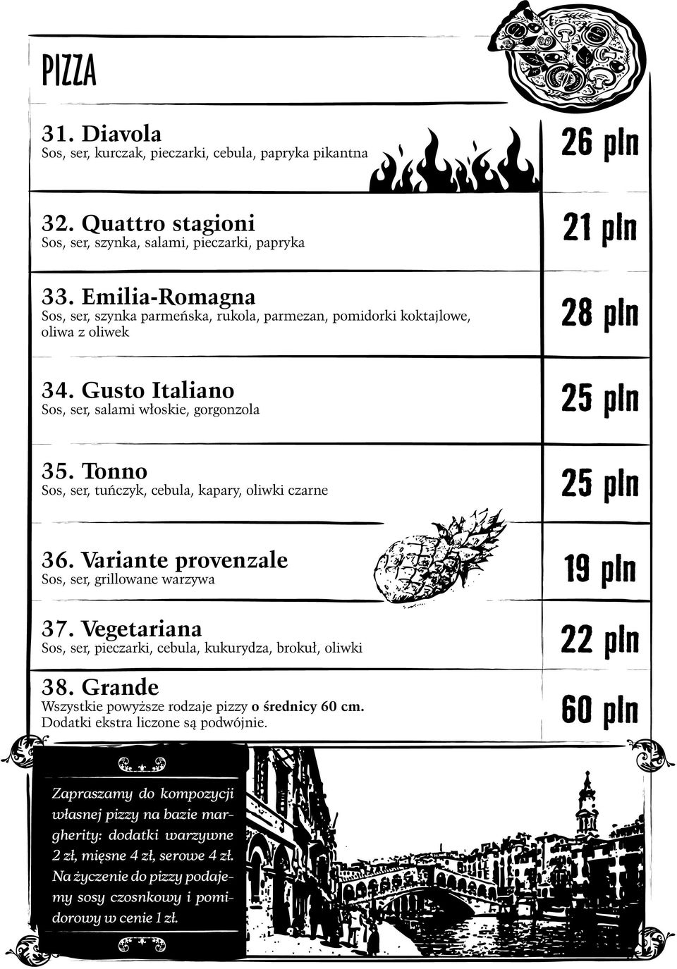 Tonno Sos, ser, tuńczyk, cebula, kapary, oliwki czarne 36. Variante provenzale Sos, ser, grillowane warzywa 37. Vegetariana Sos, ser, pieczarki, cebula, kukurydza, brokuł, oliwki 38.