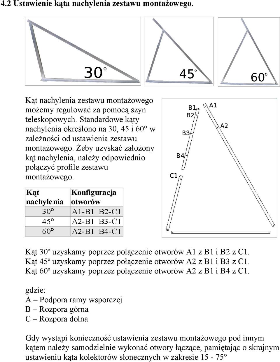 Kąt Konfiguracja nachylenia otworów 30º A1-B1 B2-C1 A2-B1 B3-C1 45º 60º A2-B1 B4-C1 Kąt 30o uzyskamy poprzez połączenie otworów A1 z B1 i B2 z C1.