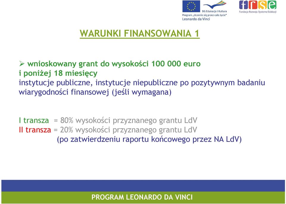 wiarygodności finansowej (jeśli wymagana) I transza = 80% wysokości przyznanego grantu