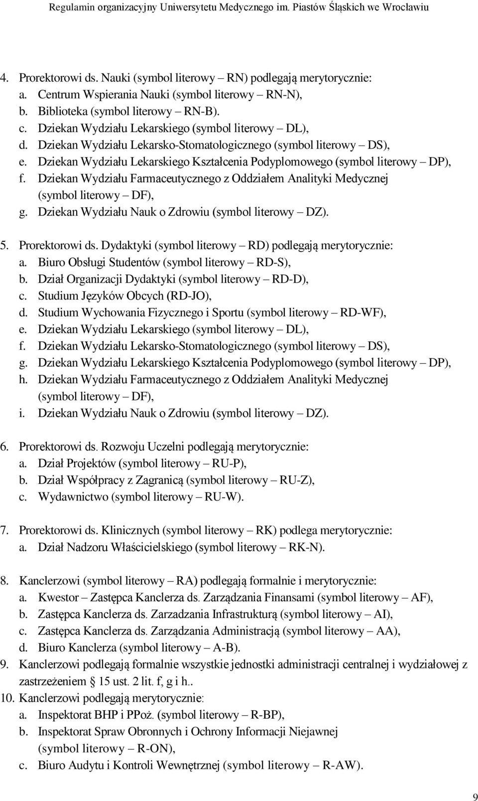 Dziekan Wydziału Lekarskiego Kształcenia Podyplomowego (symbol literowy DP), f. Dziekan Wydziału Farmaceutycznego z Oddziałem Analityki Medycznej (symbol literowy DF), g.