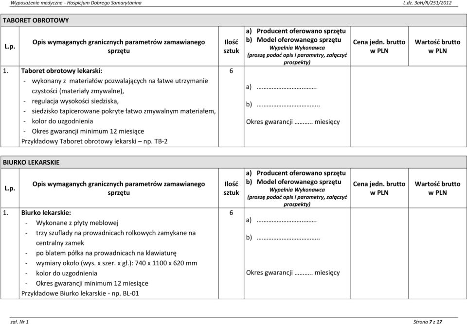 siedzisko tapicerowane pokryte łatwo zmywalnym materiałem, - kolor do uzgodnienia Przykładowy Taboret obrotowy lekarski np. TB-2 6 BIURKO LEKARSKIE 1.