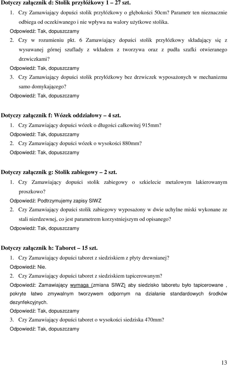 6 Zamawiający dopuści stolik przyłóŝkowy składający się z wysuwanej górnej szuflady z wkładem z tworzywa oraz z pudła szafki otwieranego drzwiczkami? 3.