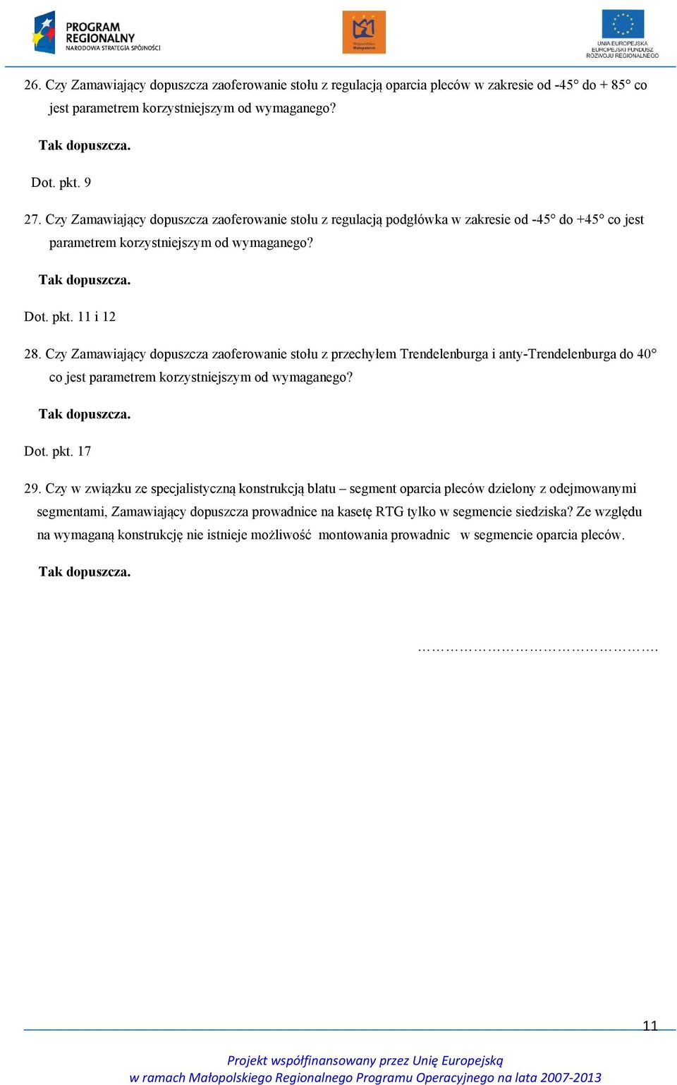 Czy Zamawiający dopuszcza zaoferowanie stołu z przechyłem Trendelenburga i anty-trendelenburga do 40 co jest parametrem korzystniejszym od wymaganego? Dot. pkt. 17 29.