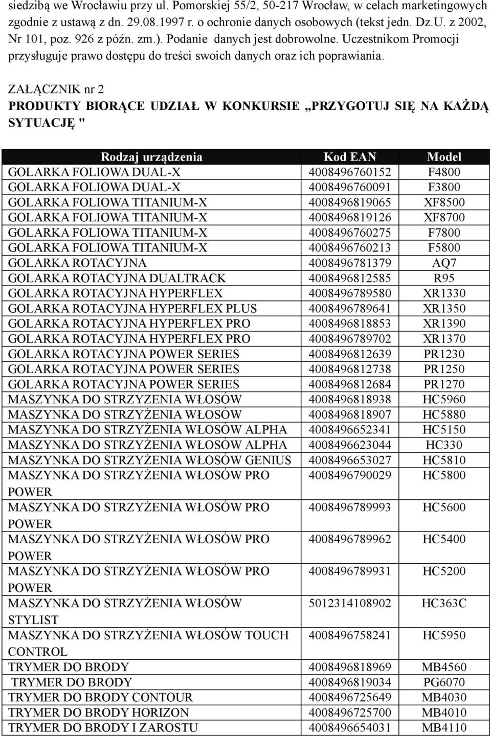 ZAŁĄCZNIK nr 2 PRODUKTY BIORĄCE UDZIAŁ W KONKURSIE PRZYGOTUJ SIĘ NA KAŻDĄ SYTUACJĘ " Rodzaj urządzenia Kod EAN Model GOLARKA FOLIOWA DUAL-X 4008496760152 F4800 GOLARKA FOLIOWA DUAL-X 4008496760091