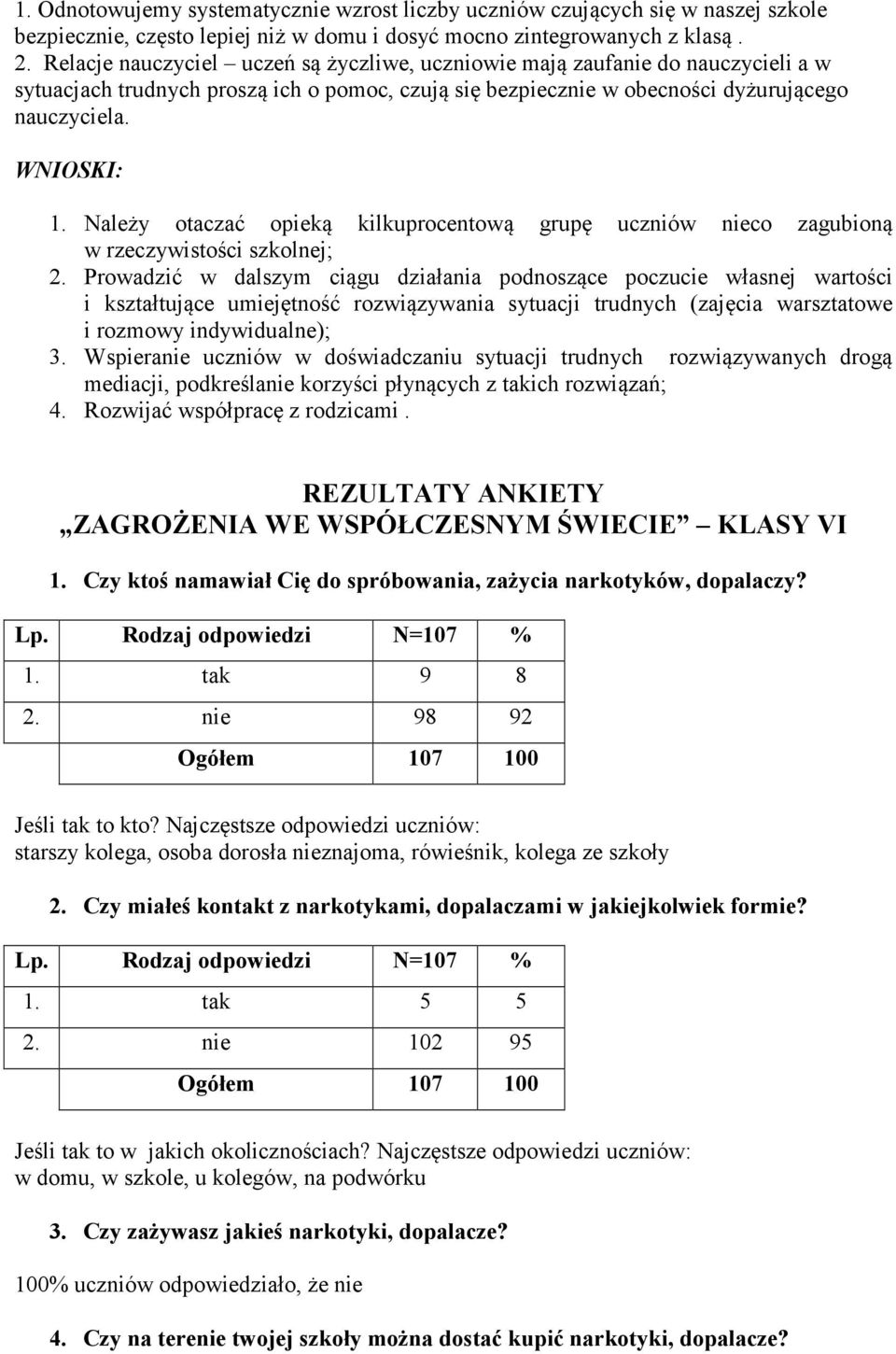 Należy otaczać opieką kilkuprocentową grupę uczniów nieco zagubioną w rzeczywistości szkolnej; 2.