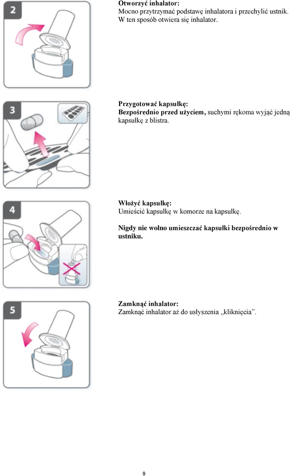 Przygotować kapsułkę: Bezpośrednio przed użyciem, suchymi rękoma wyjąć jedną kapsułkę z blistra.