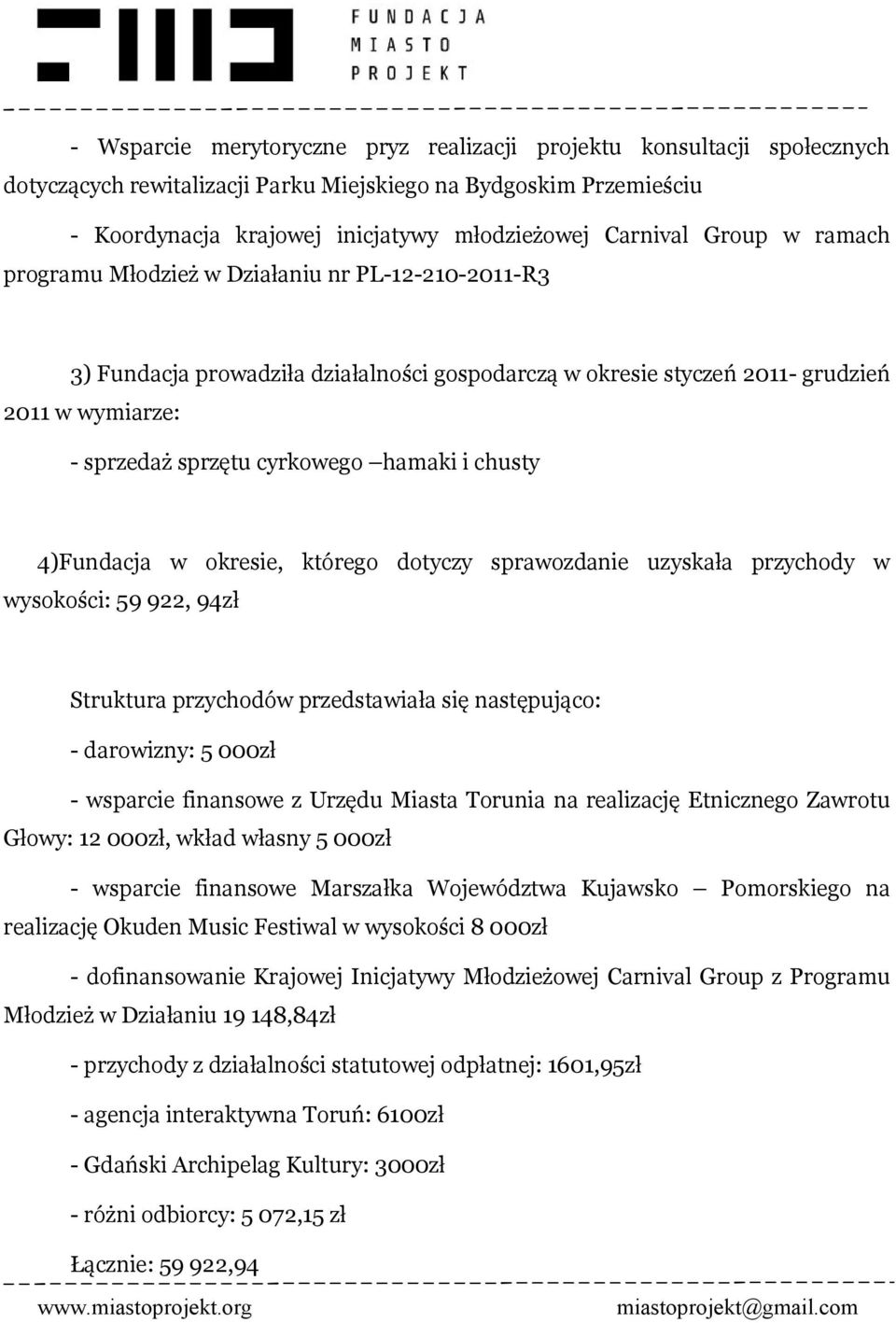 i chusty 4)Fundacja w okresie, którego dotyczy sprawozdanie uzyskała przychody w wysokości: 59 922, 94zł Struktura przychodów przedstawiała się następująco: - darowizny: 5 000zł - wsparcie finansowe