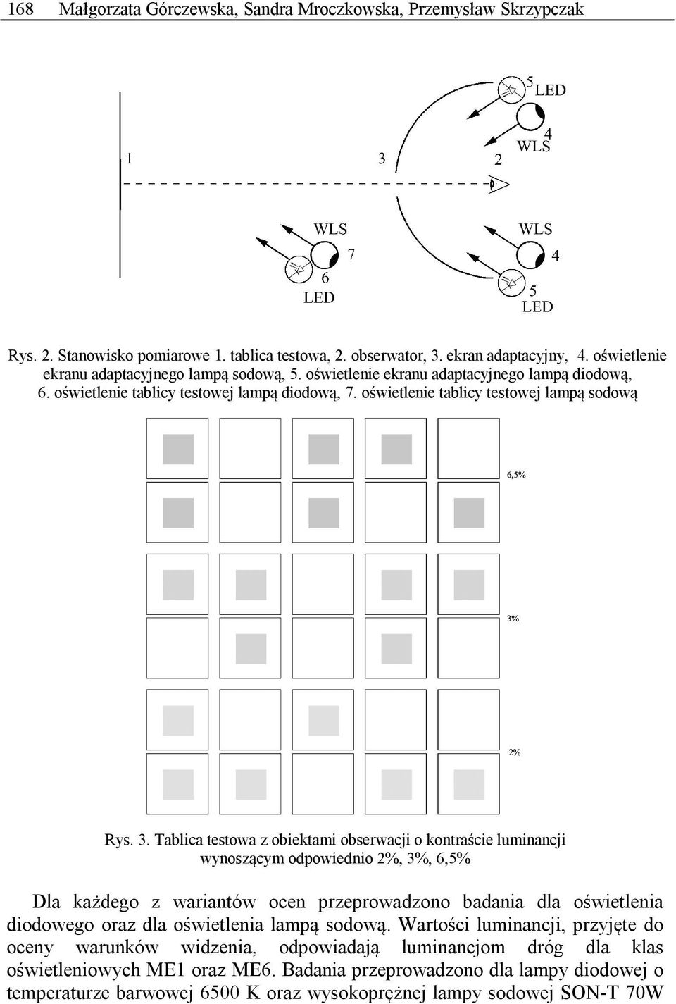 Tablica testowa z obiektami obserwacji o kontraście luminancji wynoszącym odpowiednio 2%, 3%, 6,5% Dla każdego z wariantów ocen przeprowadzono badania dla oświetlenia diodowego oraz dla oświetlenia