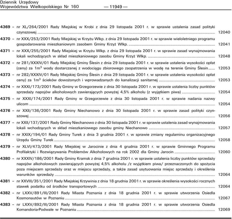 ... 12041 4371 ñ nr XXX/255/2001 Rady Miejskiej w Krzyøu Wlkp. z dnia 29 listopada 2001 r. w sprawie zasad wynajmowania lokali wchodzπcych w sk ad mieszkaniowego zasobu Gminy Krzyø Wlkp.