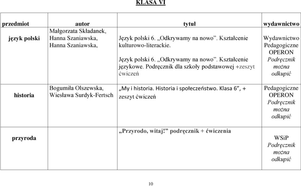 dla szkoły podstawowej +zeszyt ćwiczeń Wydawnictwo Pedagogiczne OPERON historia Bogumiła Olszewska, Wiesława