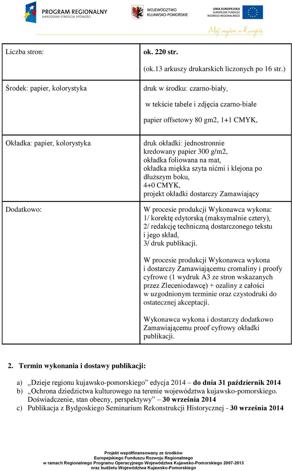 jednostronnie kredowany papier 300 g/m2, okładka foliowana na mat, okładka miękka szyta nićmi i klejona po dłuższym boku, 4+0 CMYK, projekt okładki dostarczy Zamawiający W procesie produkcji