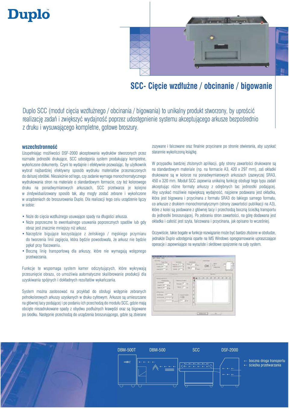 wszechstronnoêç Uzupe niajàc mo liwoêci DSF-2000 akceptowania wydruków stworzonych przez rozmaite jednostki drukujàce, SCC udost pnia system produkujàcy kompletne, wykoƒczone dokumenty.