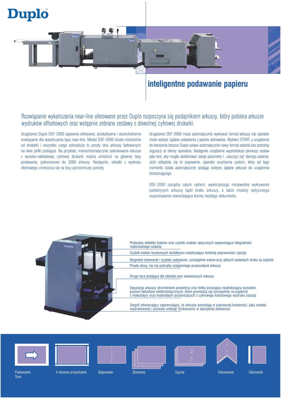 Model DSF-2000 dzia a niezale nie od drukarki i wszystko czego potrzebuje to prosty stos arkuszy adowanych na dwie pó ki podajàce.