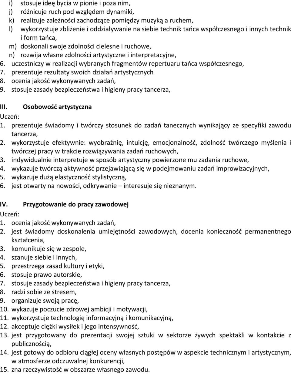 uczestniczy w realizacji wybranych fragmentów repertuaru tańca współczesnego, 7. prezentuje rezultaty swoich działań artystycznych 8. ocenia jakość wykonywanych zadań, 9.