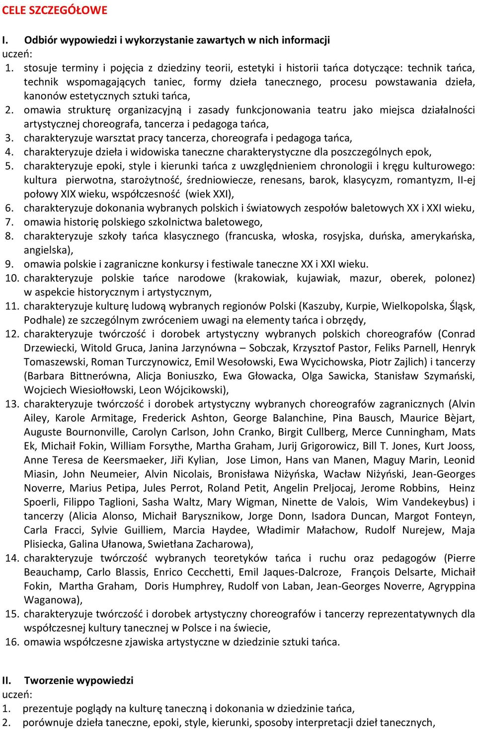 estetycznych sztuki tańca, 2. omawia strukturę organizacyjną i zasady funkcjonowania teatru jako miejsca działalności artystycznej choreografa, tancerza i pedagoga tańca, 3.