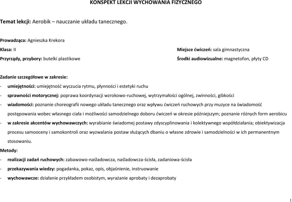 umiejętności: umiejętność wyczucia rytmu, płynności i estetyki ruchu - sprawności motorycznej: poprawa koordynacji wzrokowo-ruchowej, wytrzymałości ogólnej, zwinności, gibkości - wiadomości: poznanie