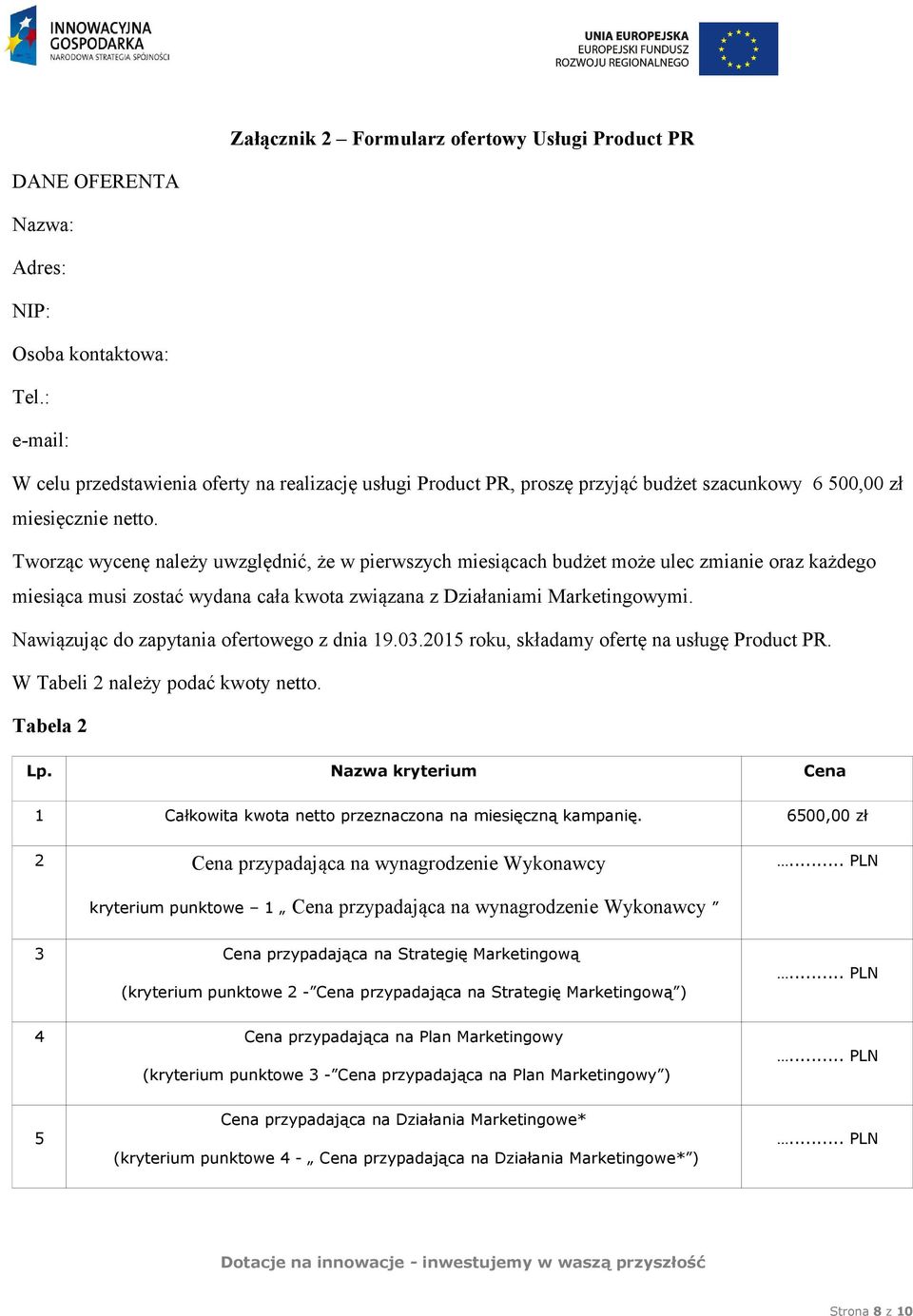 Tworząc wycenę należy uwzględnić, że w pierwszych miesiącach budżet może ulec zmianie oraz każdego miesiąca musi zostać wydana cała kwota związana z Działaniami Marketingowymi.