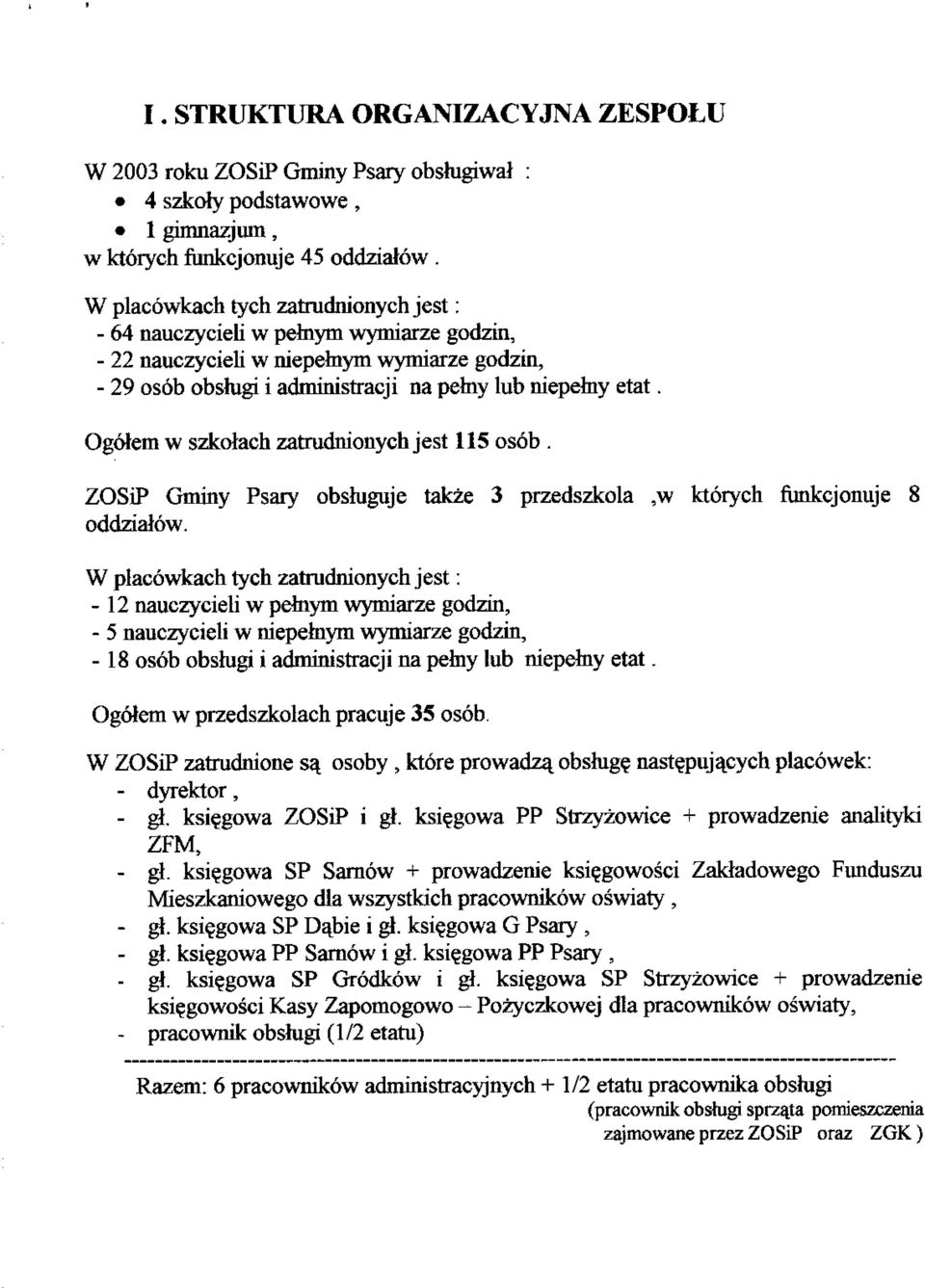 Ogotem w szkolach zatrudnionych jest 115 os6b. ZOSiP Gminy Psary obshiguje takze 3 przedszkola,w ktorych funkcjonuje 8 oddziaiow.