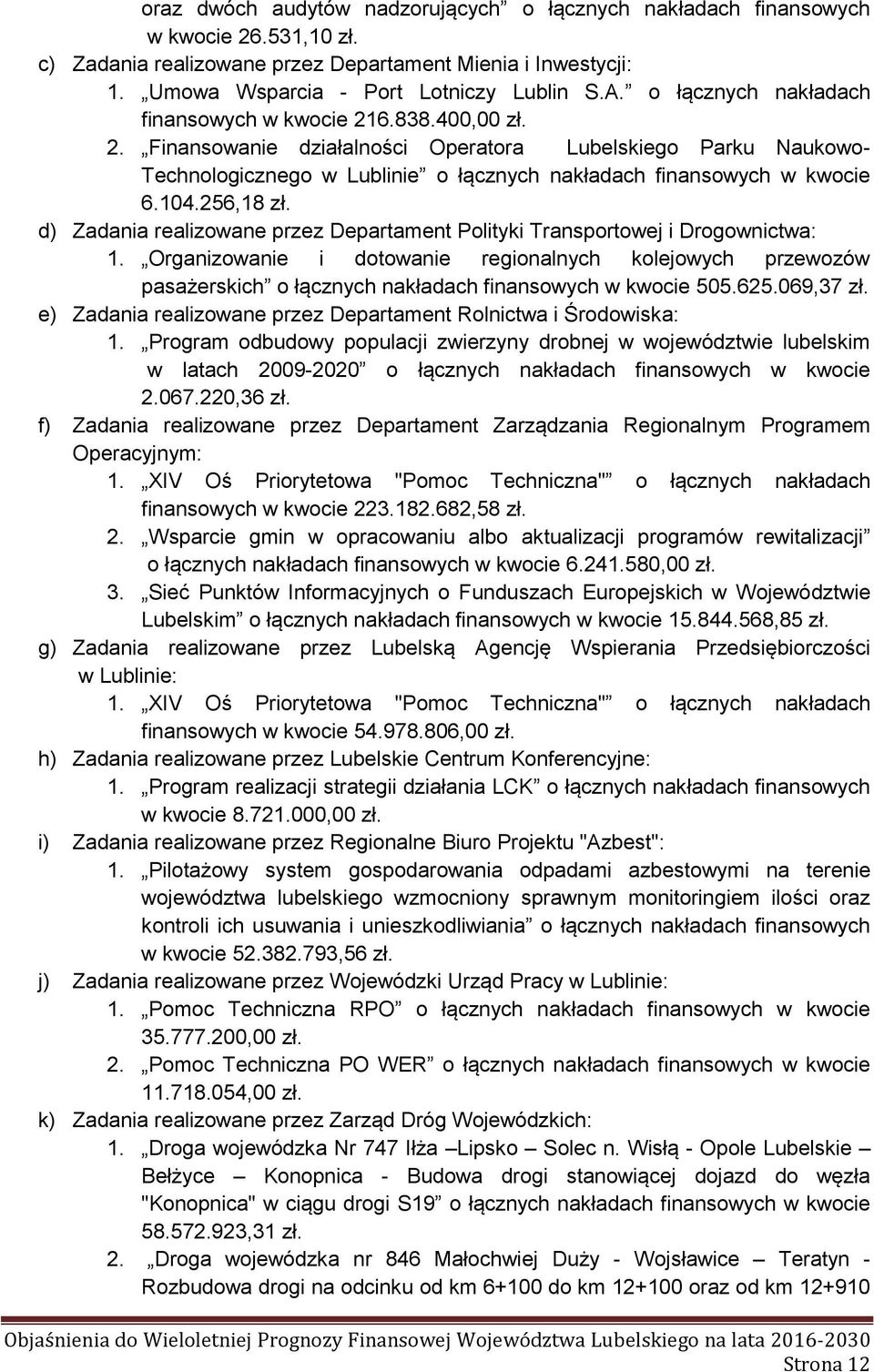 104.256,18 zł. d) Zadania realizowane przez Departament Polityki Transportowej i Drogownictwa: 1.