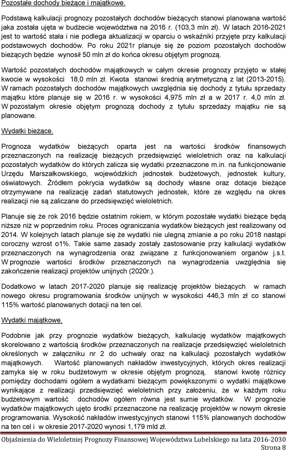 Po roku 2021r planuje się że poziom pozostałych dochodów bieżących będzie wynosił 50 mln zł do końca okresu objętym prognozą.