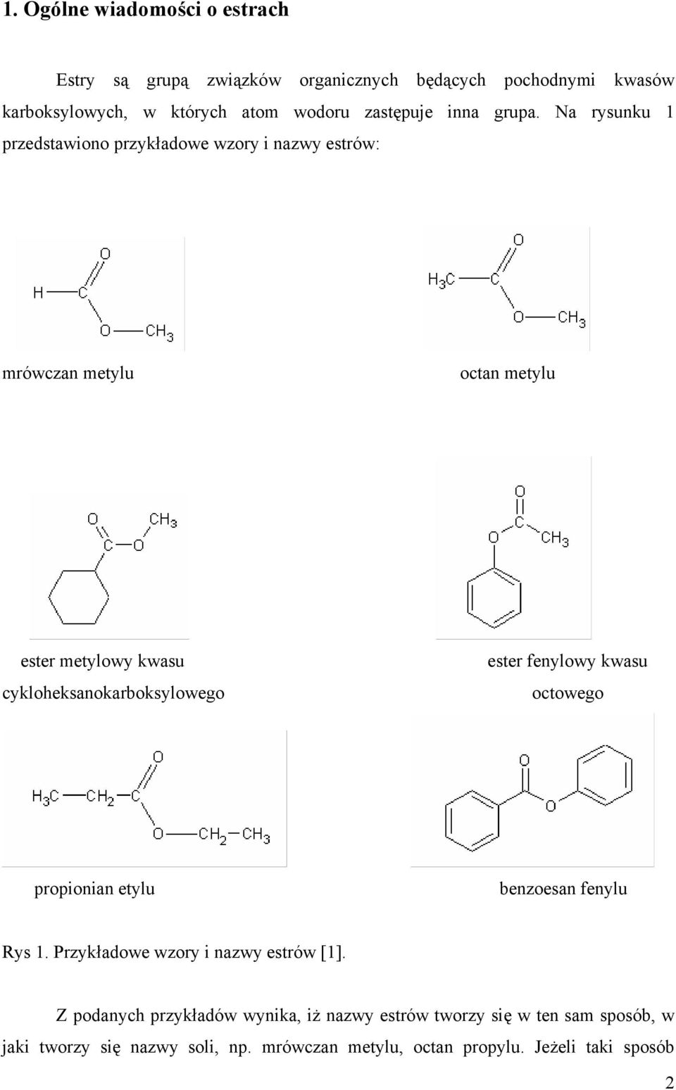 Na rysunku 1 przedstawiono przykładowe wzory i nazwy estrów: mrówczan metylu octan metylu ester metylowy kwasu cykloheksanokarboksylowego