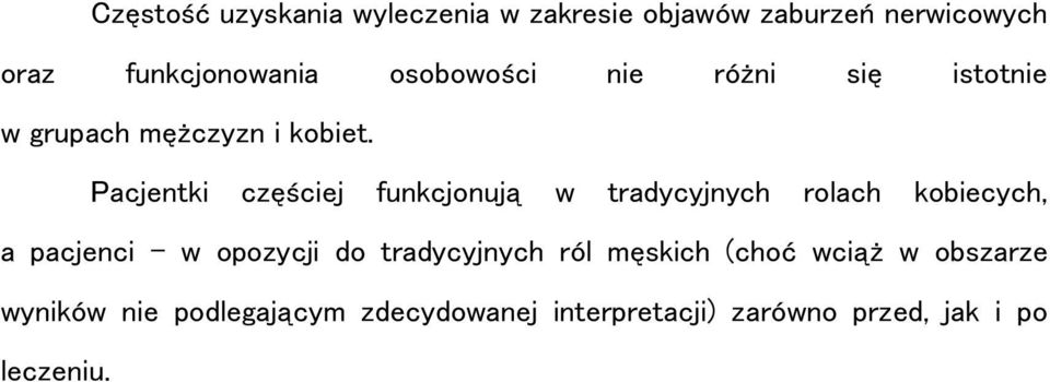 Pacjentki częściej funkcjonują w tradycyjnych rolach kobiecych, a pacjenci w opozycji do