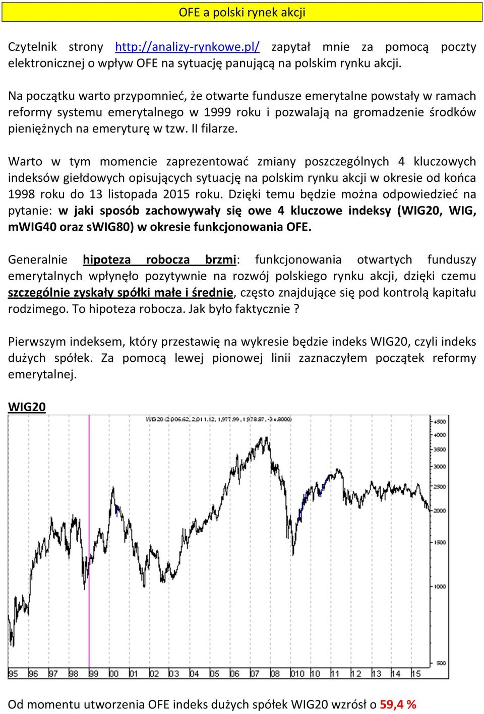 Warto w tym momencie zaprezentować zmiany poszczególnych 4 kluczowych indeksów giełdowych opisujących sytuację na polskim rynku akcji w okresie od końca 1998 roku do 13 listopada 2015 roku.