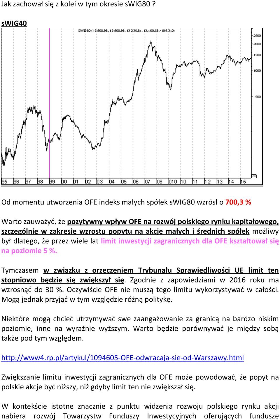 akcje małych i średnich spółek możliwy był dlatego, że przez wiele lat limit inwestycji zagranicznych dla OFE kształtował się na poziomie 5 %.