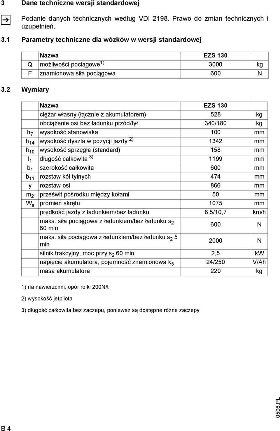 2 Wymiary Nazwa ES 130 ciężar własny (łącznie z akumulatorem) 528 kg obciążenie osi bez ładunku przód/tył 340/180 kg h 7 wysokość stanowiska 100 mm h 14 wysokość dyszla w pozycji jazdy 2) 1342 mm h