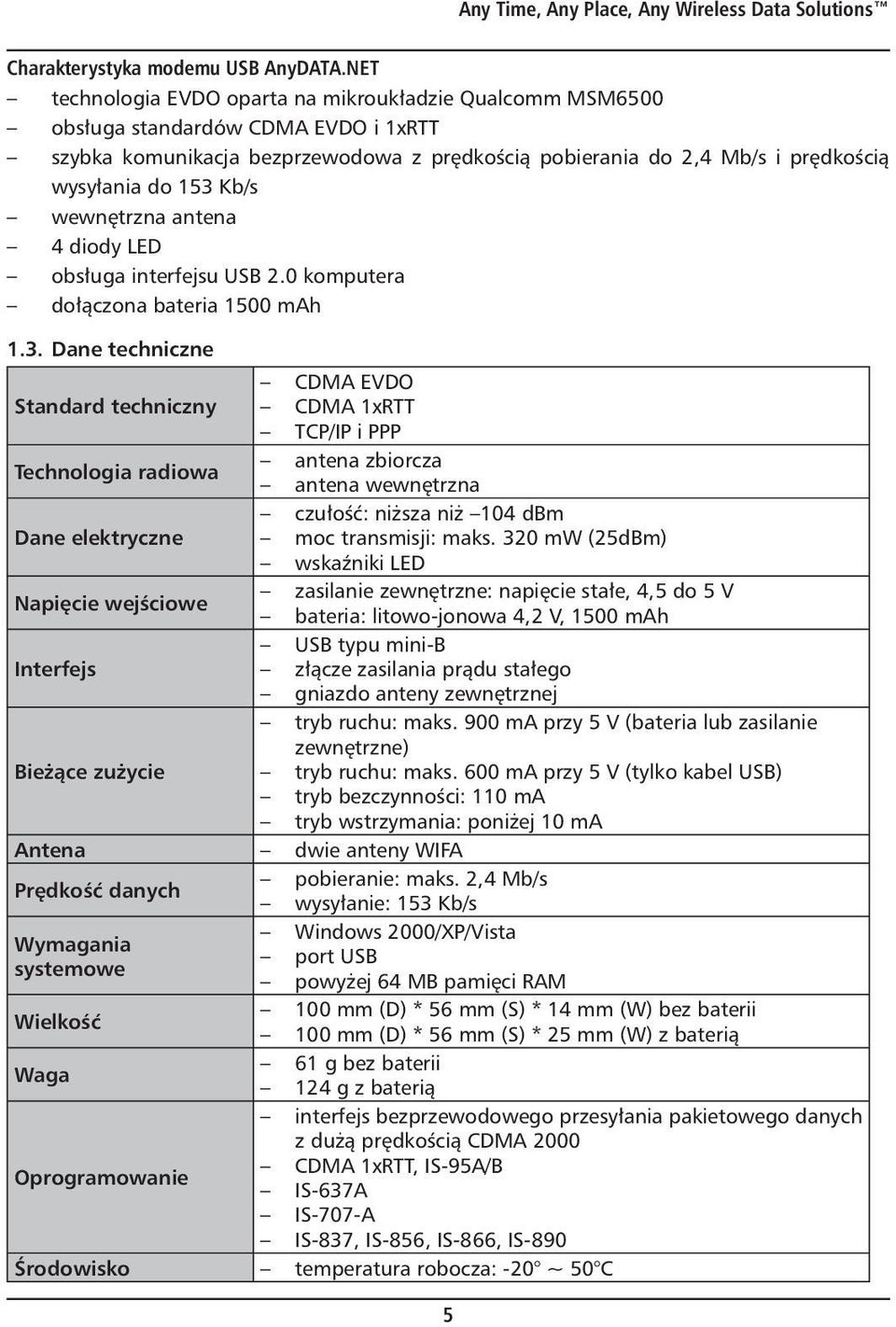 Kb/s wewnętrzna antena 4 diody LED obsługa interfejsu USB 2.0 komputera dołączona bateria 1500 mah 1.3.