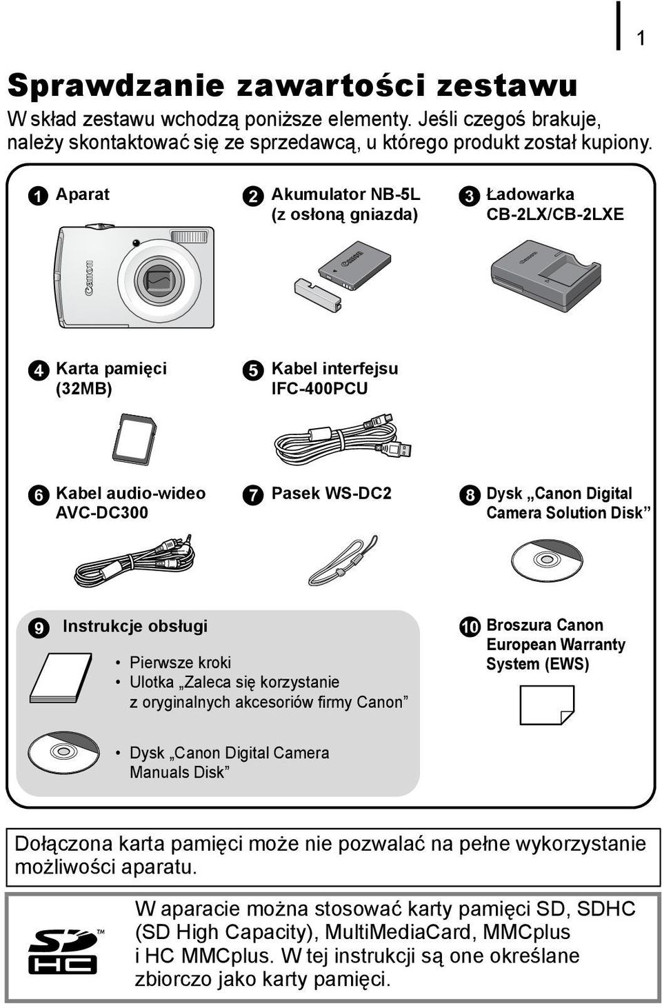 Camera Solution Disk i Instrukcje obsługi Pierwsze kroki Ulotka Zaleca się korzystanie z oryginalnych akcesoriów firmy Canon j Broszura Canon European Warranty System (EWS) Dysk Canon Digital Camera