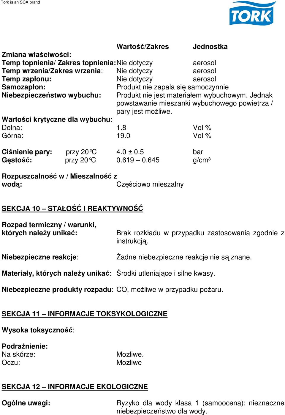 Wartości krytyczne dla wybuchu: Dolna: 1.8 Vol % Górna: 19.0 Vol % Ciśnienie pary: przy 20 C 4.0 ± 0.5 bar Gęstość: przy 20 C 0.619 0.