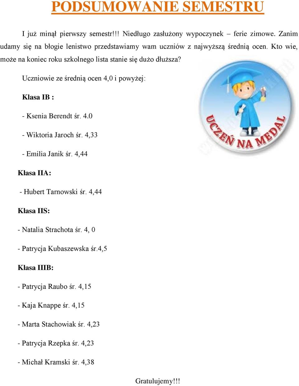 Uczniowie ze średnią ocen 4,0 i powyżej: Klasa IB : - Ksenia Berendt śr. 4.0 - Wiktoria Jaroch śr. 4,33 - Emilia Janik śr. 4,44 Klasa IIA: - Hubert Tarnowski śr.